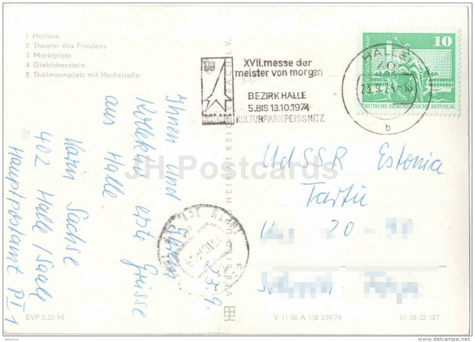 Gruss aus Halle Saale - Hallore - Theatre - Marktplatz - Germany - sent from Germany Halle to Estonia Tartu 1974 - JH Postcards