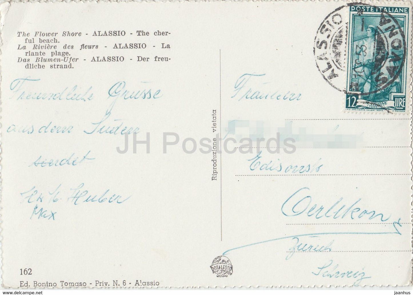 Alassio - Riviera dei Fiori - La ridente spiaggia - The Flower Shore - beach - boat - 1953 - old postcard - Italy - used