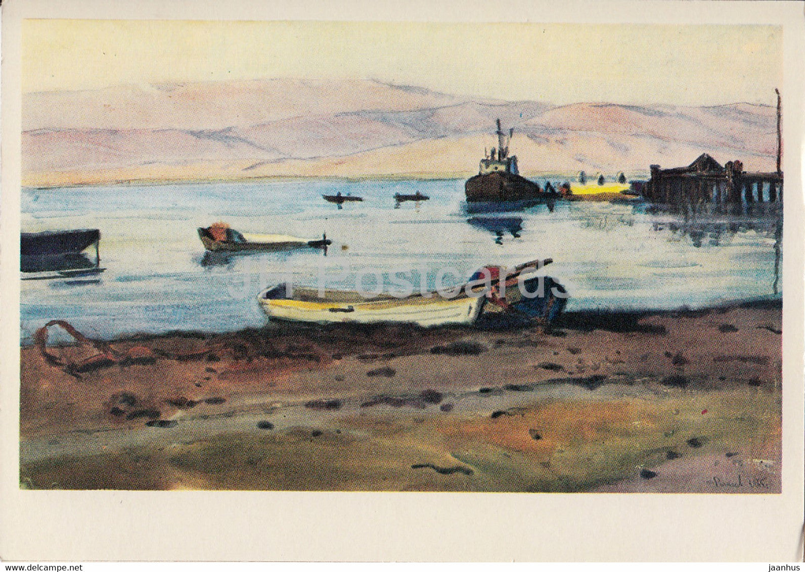 across Kyrgyzstan by V. Rogachev - Issyk Kul - ship - illustration - 1979 - Russia USSR - unused - JH Postcards