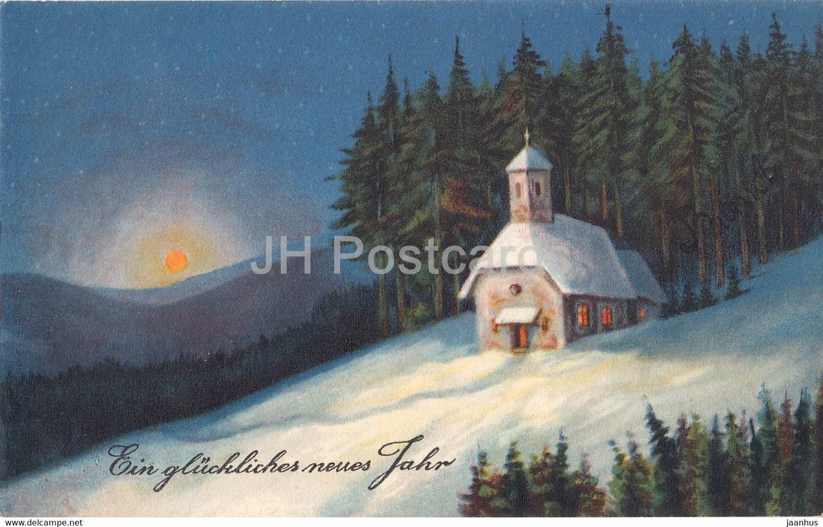 New Year Greeting Card - Ein Gluckliches Neues Jahr - church - moon - WSSB 9419/1 - old postcard - Germany - used - JH Postcards