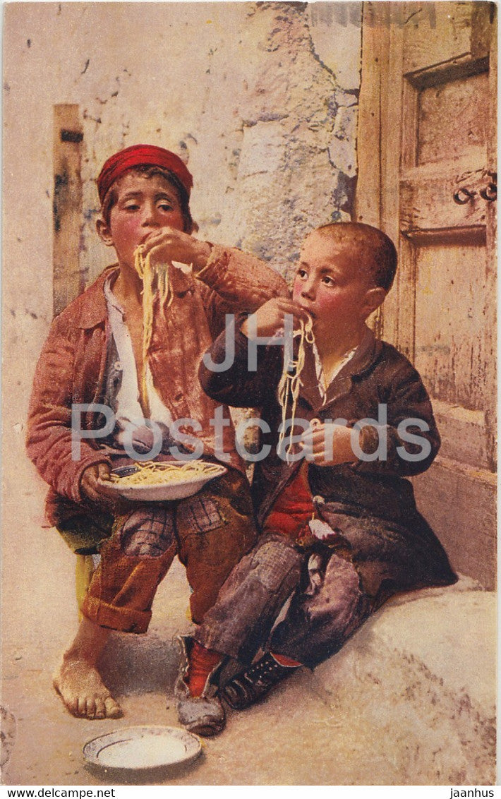 Tipi Napoletani - pasta - spaghetti - boys - children - Brunner & C - 20887 - old postcard - 1929 - Italy - used - JH Postcards