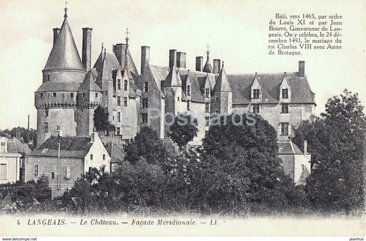 Langeais - Le Chateau - Facade Meridionale - castle - 4 - old postcard - France - unused - JH Postcards