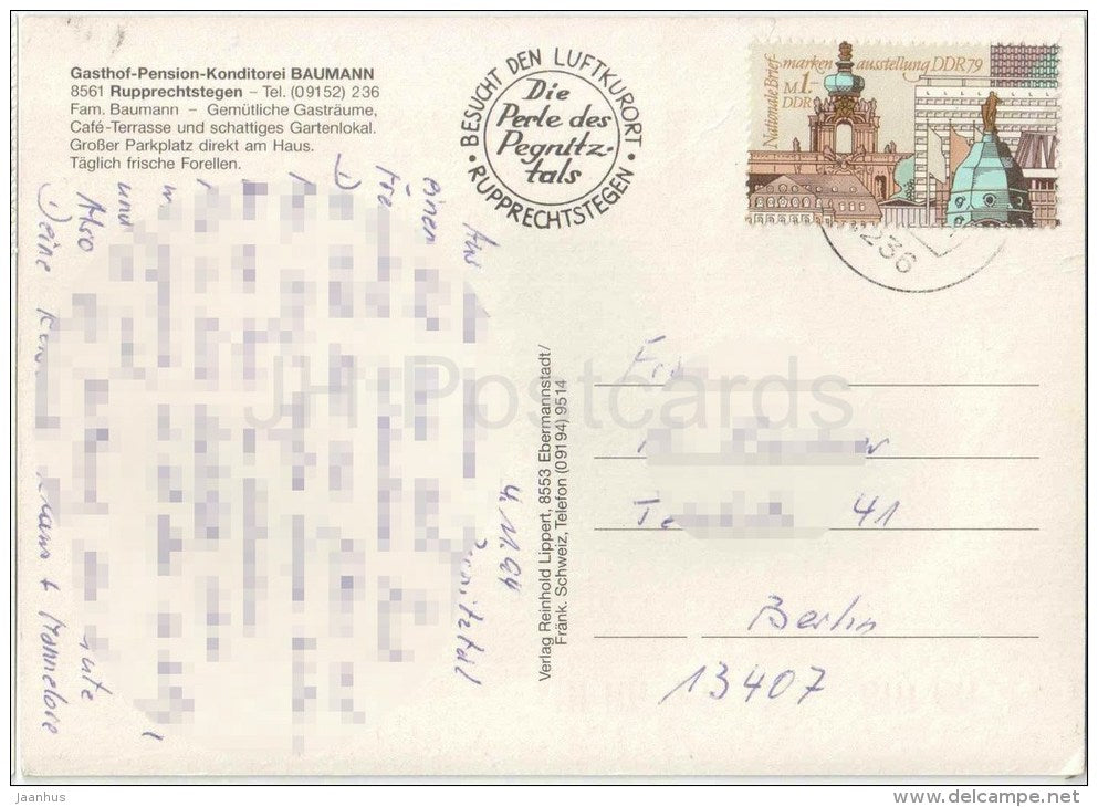 Gasthof zur Fränkischen Schweiz Rupprechtstegen - Gasthof-Pension-Konditorei Baumann - Germany - 1994 gelaufen - JH Postcards