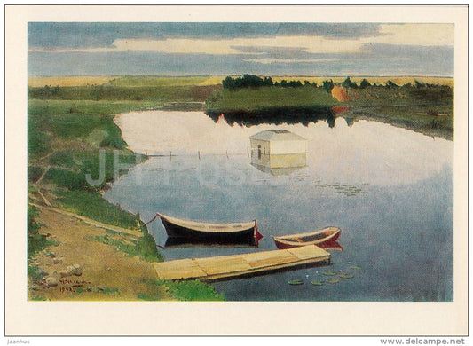 painting by N. Shlein - Quiet  , 1942 - boat - Russian art - Russia USSR - 1982 - unused - JH Postcards