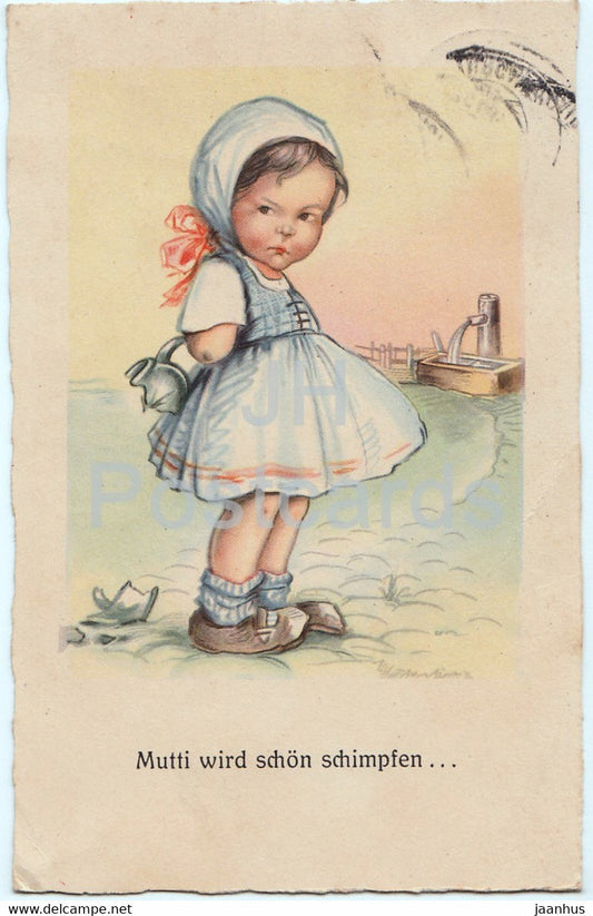 Mutti wird schon schimpfen - girl - illustration - L B R - 609 - old postcard - 1938 - Germany - used - JH Postcards