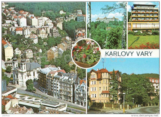 Karlovy Vary - Karlsbad - spa house Imperial , Orplid , Bellevue - Czechoslovakia - Czech - used 1989 - JH Postcards