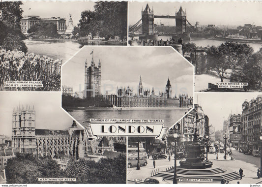 London - Houses of Parliament - Buckingham Palace - Tower Bridge - old postcard - 1958 - England - United Kingdom - used - JH Postcards