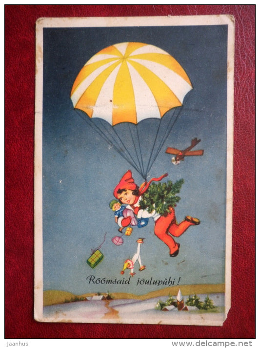 Christmas Greeting Card - gifts - airplane - parachute - IL - circulated in 1939 - Estonia - used - JH Postcards