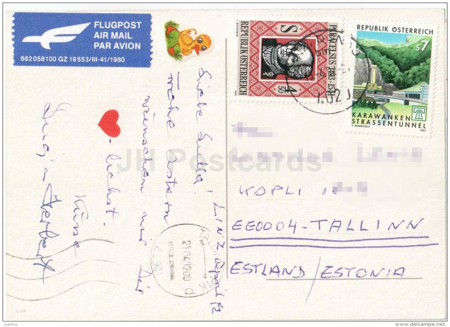 Easter greeting card - Ein frohes Osterfest - eggs - Par Avion - Paracelsus - sent from Austria to Estonia 1992 - JH Postcards