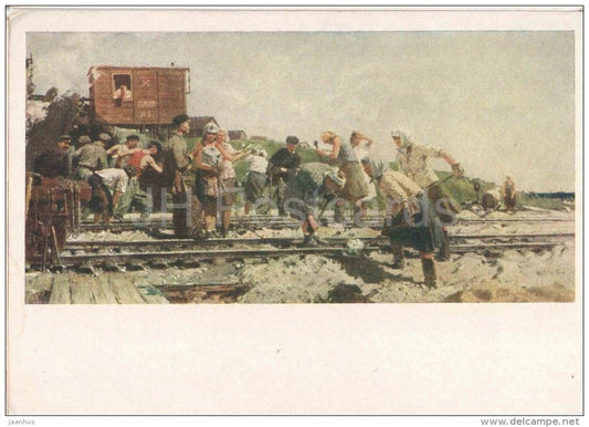 painting by Y. Yulin - Repair the railroad - russian art - unused - JH Postcards