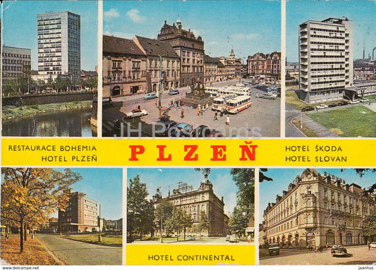 Plzen - Pilsen - restaurant Bohenia - hotel Skoda Slovan Continental - bus Czechoslovakia - Czech Republic - 1975 - used - JH Postcards