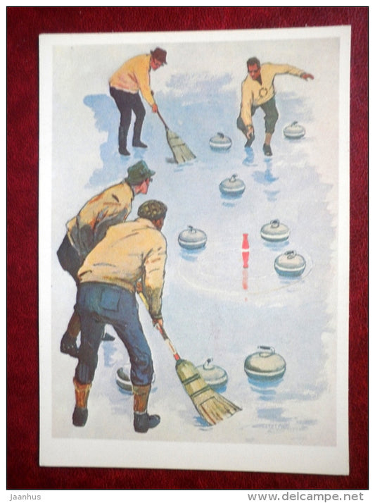 curling - winter game - illustration by P. Pavlinov - 1981 - Russia USSR - unused - JH Postcards