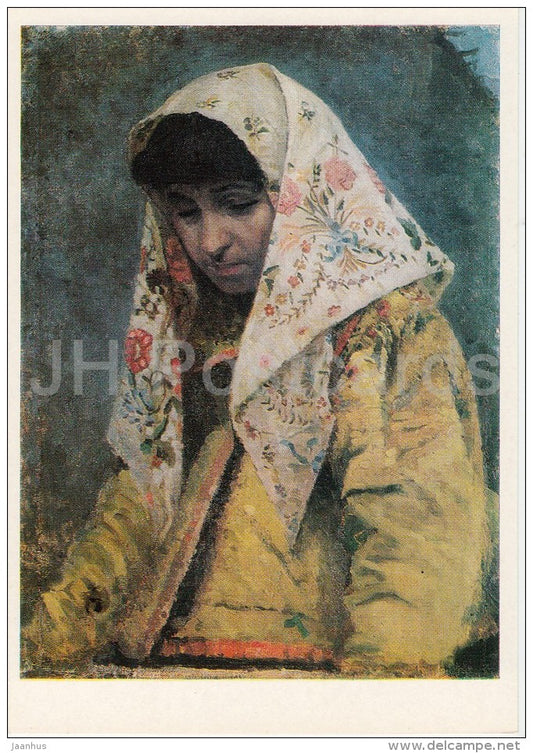painting by M. Nesterov - Girl in an ornate scarf , 1888 - Russian art - Russia USSR - 1982 - unused - JH Postcards