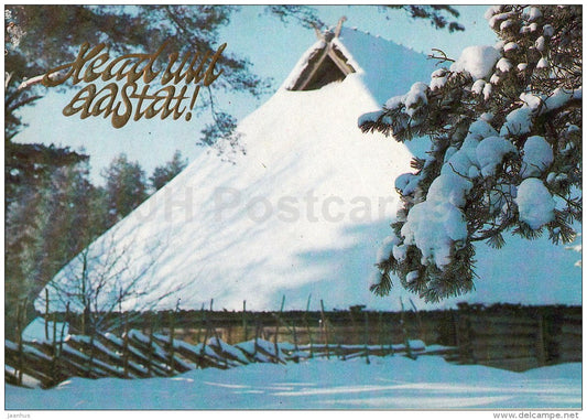 New Year Greeting Card - winter - farm house - 1983 - Estonia USSR - used - JH Postcards