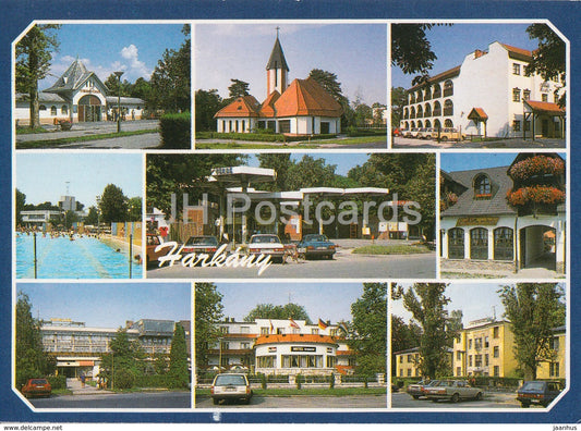Harkany - church - cars - pool - architecture - multiview - 1999 - Hungary - used - JH Postcards