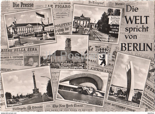 Die Welt Spricht von Berlin - Schloss Bellevue - Branderburger Tor - Rathaus - Luftbruckendenkmal - Germany - used - JH Postcards