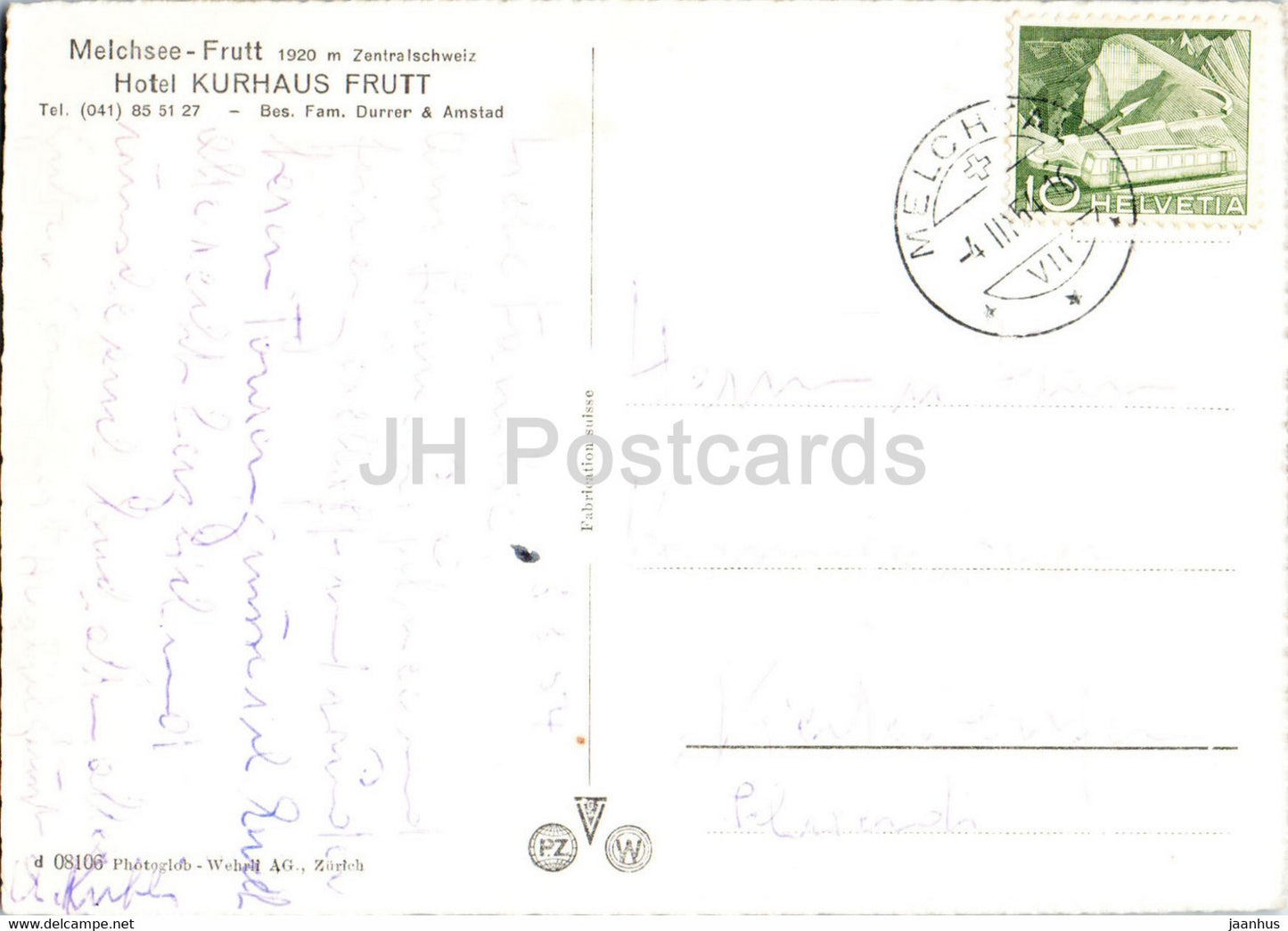 Melchsee Frutt - Hôtel Kurhaus Frutt - chien St Bernard - carte postale ancienne - 1954 - Suisse - utilisé