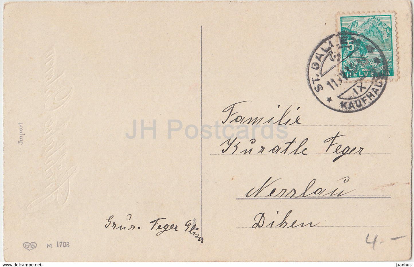 Easter Greeting Card - Frohliche Ostern - egg - dog - chicken - EAS 1703 - old postcard - Germany - used