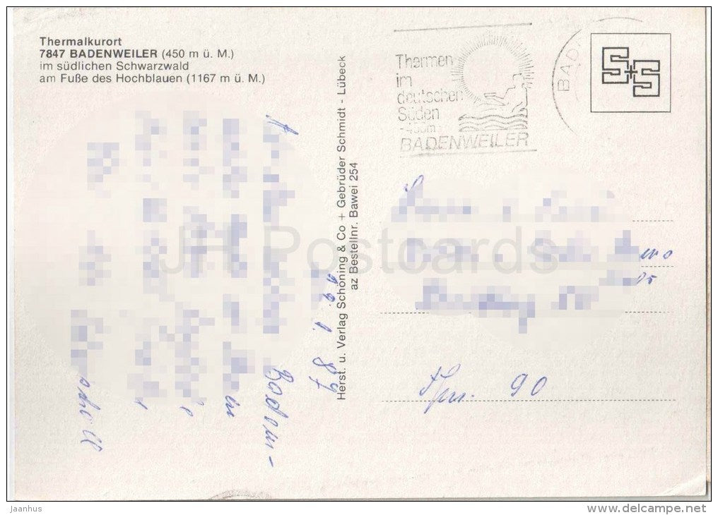 Grüsse aus Badenweiler , Thermalkurort - Thermalbad - Markgrafenbad - Am Kurhaus - 7847 - Germany - 1987 gelaufen - JH Postcards
