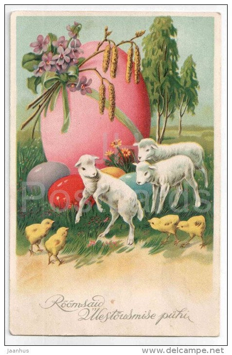 Easter Greeting Card - eggs - chicken - lamb - sheep - flowers - circulated in Estonia 1940 - JH Postcards