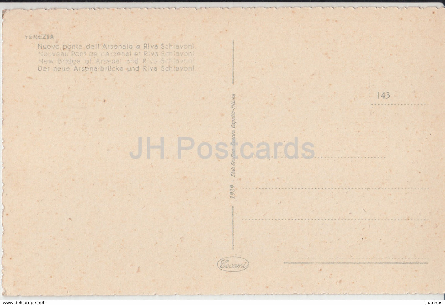 Venezia - Vendig - Venice - New Bridge of Arsenal and Riva Schiavoni - boat - steamer - old postcard - Italy - unused