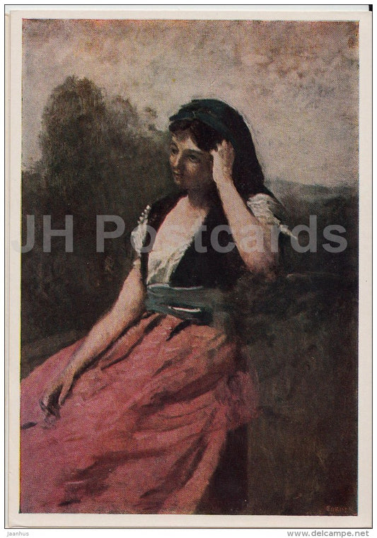 painting  by Jean-Baptiste-Camille Corot - Young woman in pink skirt - French art - 1957 - Russia USSR - unused - JH Postcards