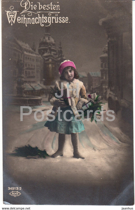 Christmas Greeting Card - Die besten Weihnachtsgrusse - girl - gifts - BNK 34913/2 - old postcard - 1920 Germany - used - JH Postcards
