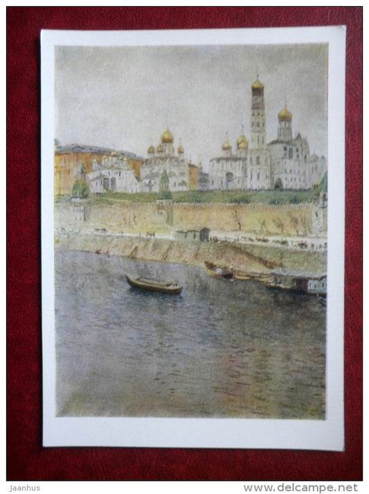 painting by N. Dubovsky , Moscow Kremlin , 1902 - boats - russian art  - unused - JH Postcards