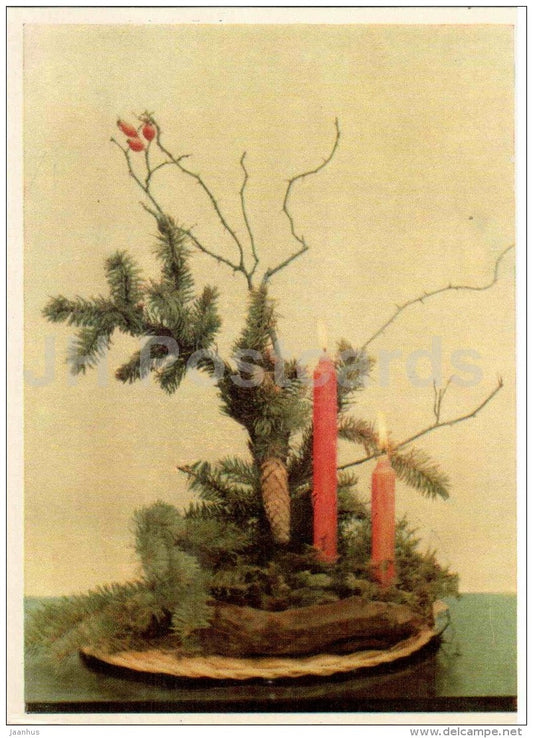 flower composition Happy New Year - candle - cone - 1963 - Lithuania USSR - unused - JH Postcards