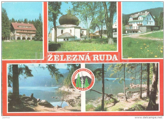 Zelezna Ruda - Klatovy district - hotel Hrncir - church - hotel Sirotek - lake Cerne Czechoslovakia - Czech - unused - JH Postcards