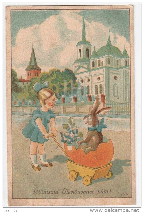 Easter Greeting Card - girl - rabbit - hare - city - flowers - pram - bassinet - old postcard - circulated in Estonia - JH Postcards
