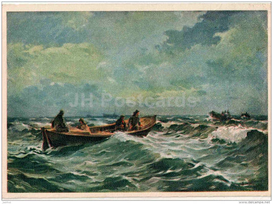 painting by R. Uutmaa - Fishermen at sea - boat - Estonian art - 1957 - Russia USSR - unused - JH Postcards