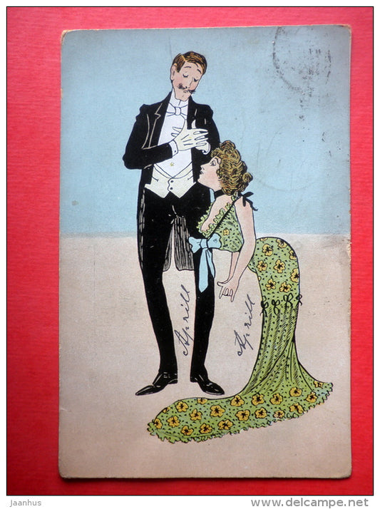 illustration - April - couple - woman and man - Serie 277 - circulated in Estonia Imperial Russia 1907 - JH Postcards