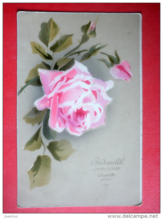 easter greeting card - pink rose - PP - circulated in Imperial Russia Estonia Fellin 1913 - JH Postcards