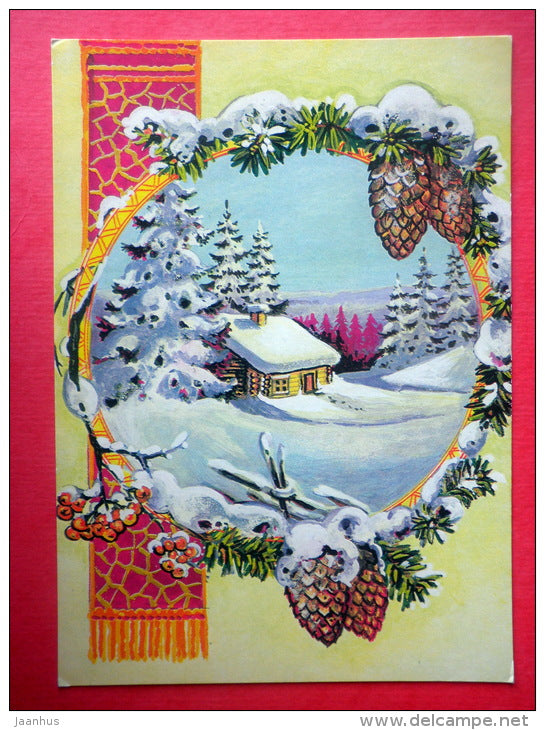 Christmas Greeting Card - house - cones - TPK 506/6 - Finland - circulated in Finland 1982 - JH Postcards