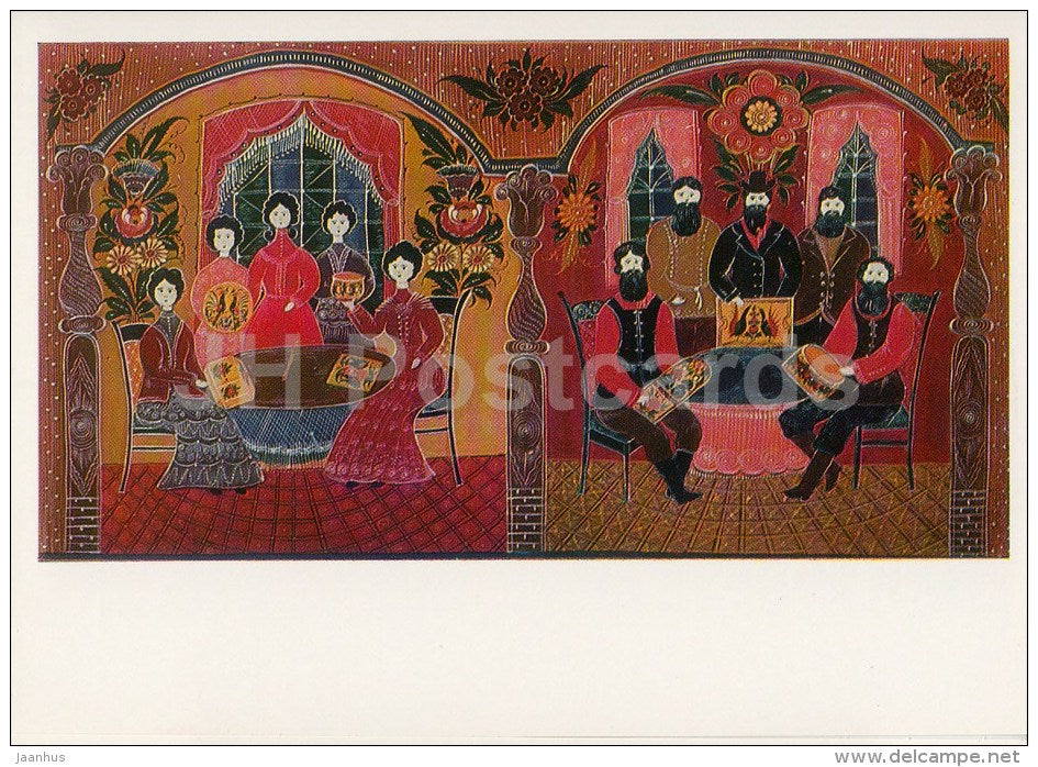 Decorative Panel Old and New Gorodets , 1977 - Gorky Region - Russian Folk Art - 1984 - Russia USSR - unused - JH Postcards