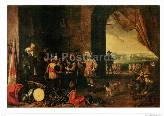 painting by David Teniers the Younger - Guardroom - dog - Flemish art - unused - JH Postcards