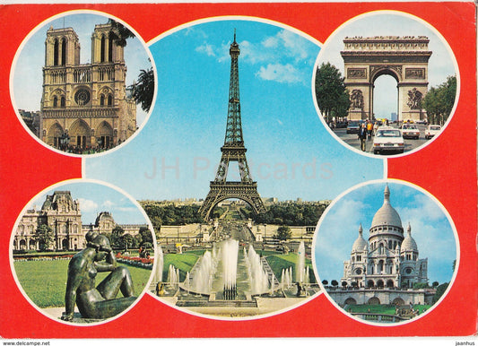 Paris - Le Sacre Coeur - Notre-Dame - L'Arc de Triomphe - La Tour Eiffel - Palais du Louvre - 711 - France - 1986 - used - JH Postcards