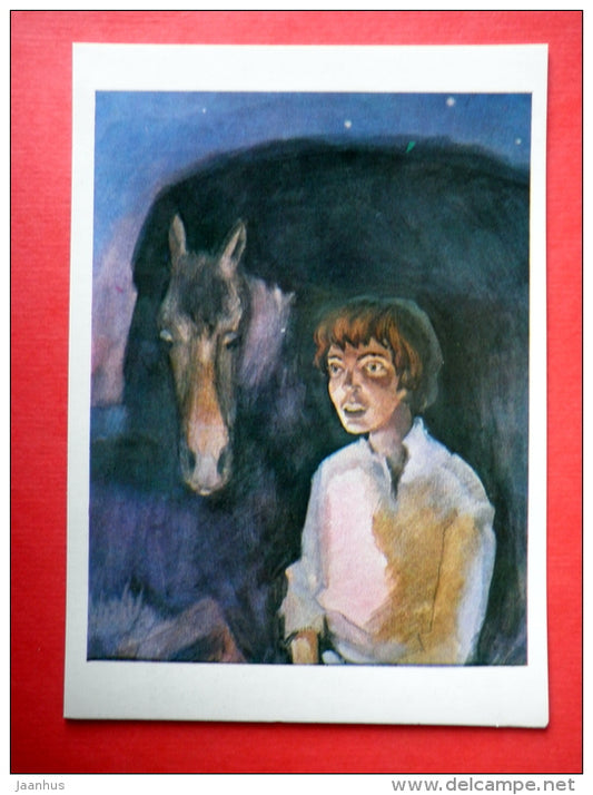 illustration by A. Belyukin  - Bezhin Lea - horse - boy - Notes of a Hunter by I. Turgenev - 1980 - USSR Russia - unused - JH Postcards