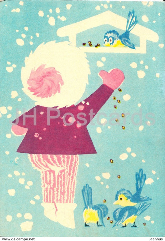 New Year Greeting Card by T. Tamman - girl - birds - 1966 - Estonia USSR - unused - JH Postcards