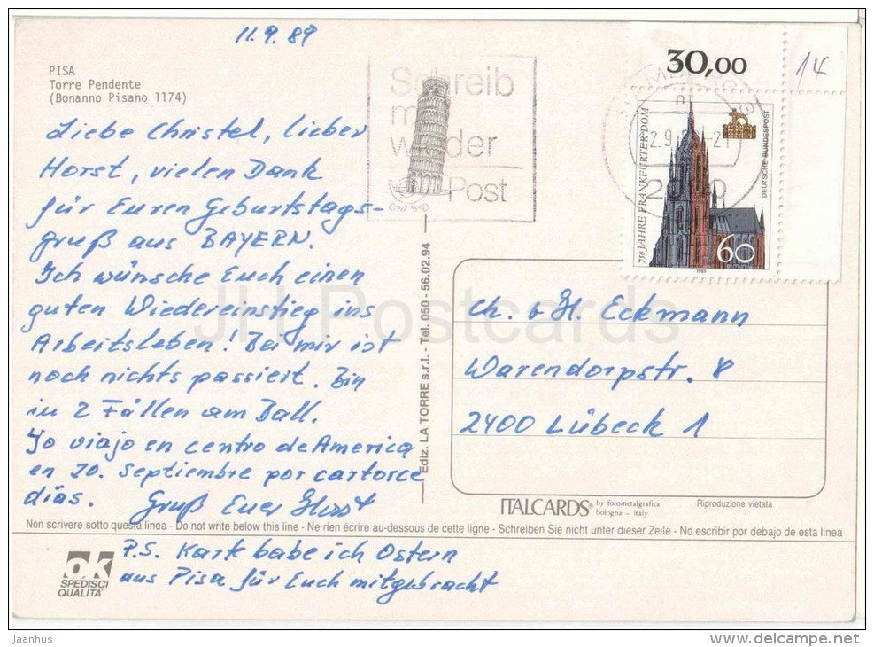 Torre Pendente - The Leaning Tower - Pisa - Italia - Italy - circulated in Germany 1989 - JH Postcards