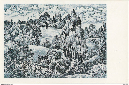 Lithography by R. Opmane - The hills of Vidzeme - latvian art - Gauja National Park - 1982 - Latvia USSR - unused - JH Postcards
