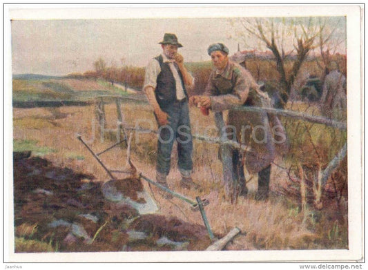 painting by A. Romanychev - Growers - plow - russian art - unused - JH Postcards