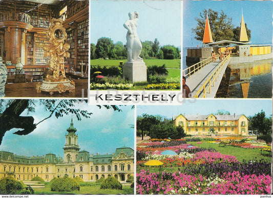 Keszthely - library - sculpture - architecture - multiview - 1976 - Hungary - used - JH Postcards