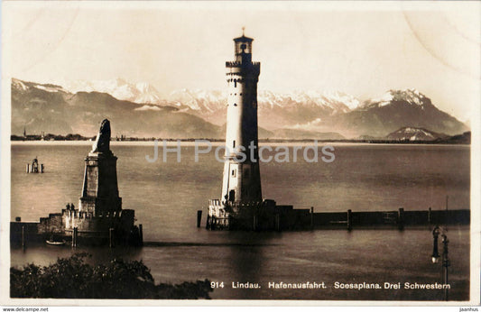 Lindau - Hafenausfahrt - Scesaplana - Drei Schwestern - lighthouse - old postcard - 1928 - Germany - used - JH Postcards