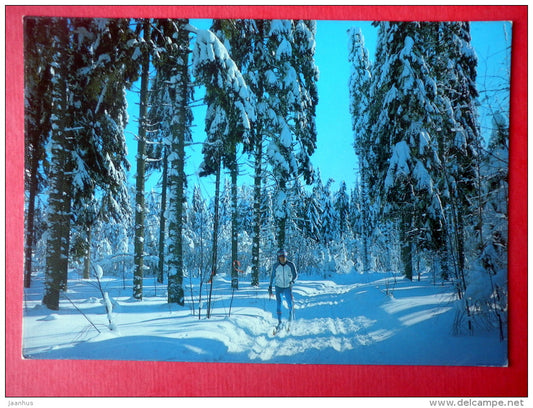 New Year Greeting Card - winter forest - skiing - 847 - Finland - sent from Finland Turku to Estonia USSR 1981 - JH Postcards