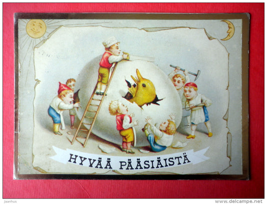 Easter Greeting Card - dwarfs - egg - chick - 3349/4 - Finland - sent from Finland Turku to Estonia USSR 1981 - JH Postcards
