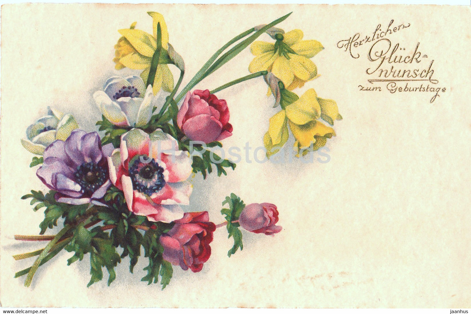Birthday Greeting Card - Herzlichen Gluckwunsch zum Geburtstage - flowers - 3258 - old postcard - 1930 - Germany - used - JH Postcards