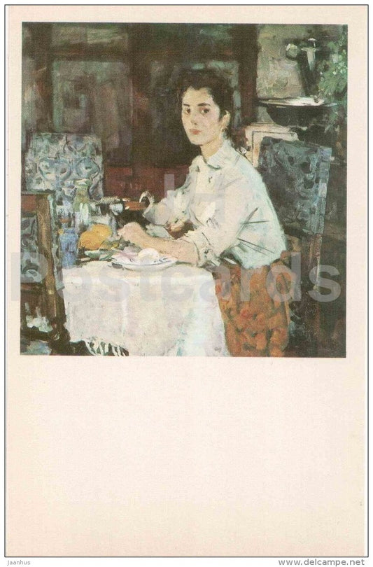 painting by Andrei Mylnikov - Breakfast , 1958 - woman - The Russian Museum - russian art - unused - JH Postcards