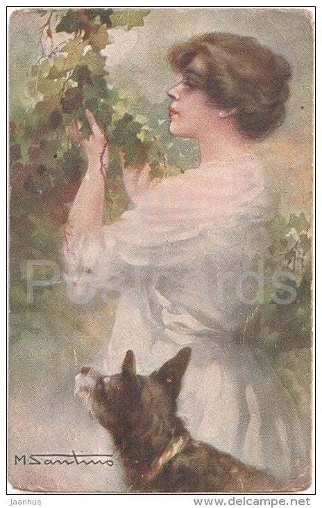 illustration by M. Santino - lady with dog - WSSB 6783/2 - circulated in Estonia 1920s - JH Postcards